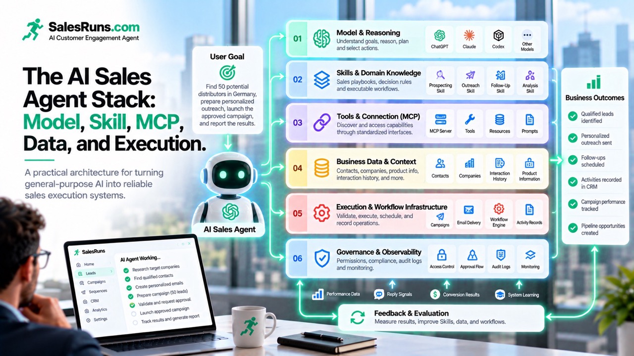 The AI Sales Agent Stack: Model, Skill, MCP, Data, and Execution